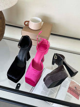 LBSFY  - Square Toe Women Sandals Satin Summer Dress Shoes Wedding Pumps Thick High Heels Black Rose Grey Ankle Strap Party Pumps 35-39